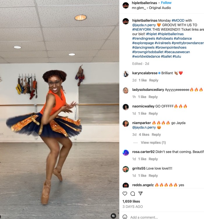 a brown skin woman in a tuto made of tulle and African print fabric dances in celebration of her upcoming NY performance 